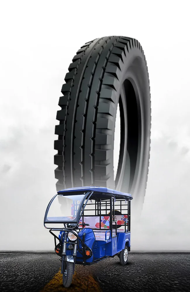 Blue electric passenger rickshaw with heavy-duty three-wheeler tyre featuring deep tread design for enhanced durability, stability, load capacity, and daily urban transport performance.