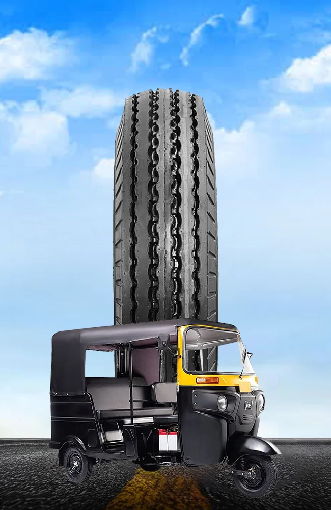 Passenger auto rickshaw with durable three wheeler tyre designed for urban transportation, stability, road grip, comfort, and long-lasting performance.